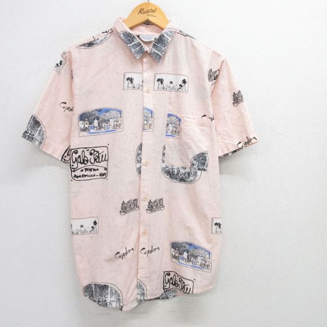 L★古着 半袖 シャツ メンズ 90年代 90s 女性 写真 総柄 薄ピンク 25apr30 中古 トップス