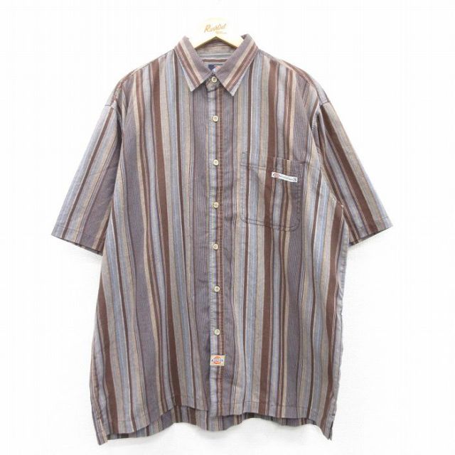 XL★古着 ディッキーズ Dickies 半袖 シャツ メンズ 大きいサイズ ロング丈 茶他 ブラウン ストライプ 25apr30 中古 トップス