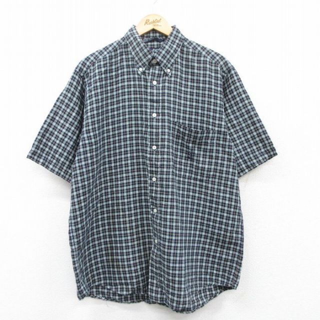XL★古着 ノーティカ NAUTICA 半袖 ブランド シャツ メンズ 90年代 90s ワンポイントロゴ リネン ボタンダウン 紺他 ネイビー チェック 25apr30 中古 トップス