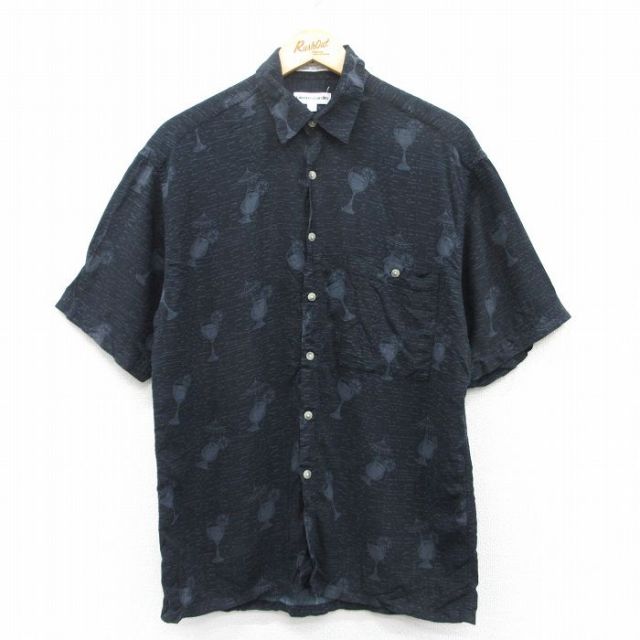 M★古着 ピエールカルダン pierre cardin 半袖 ブランド シャツ メンズ 90年代 90s カクテル 総柄 レーヨン 黒他 ブラック 25apr30 中古 トップス