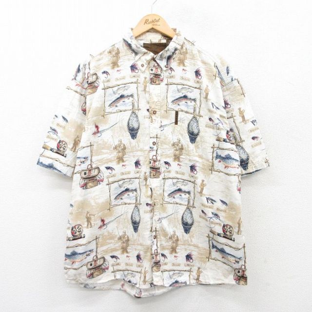 XL★古着 半袖 シャツ メンズ 釣り 魚 大きいサイズ コットン ボタンダウン ベージュ他 カーキ 25apr30 中古 トップス