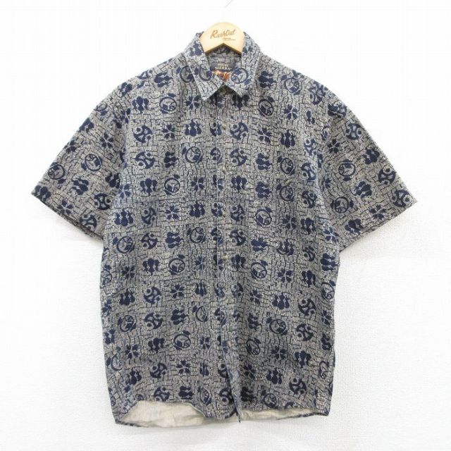 M★古着 半袖 シャツ メンズ 00年代 00s 桜 ひょうたん 総柄 コットン 紺他 ネイビー 25apr30 中古 トップス