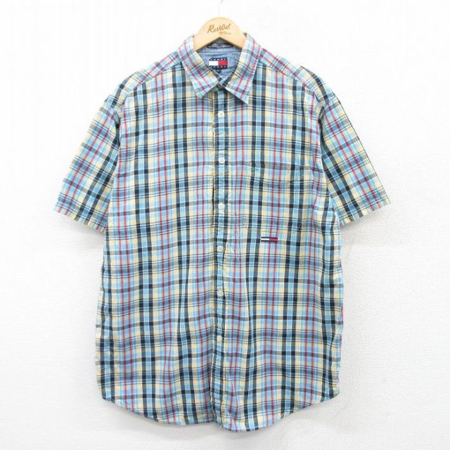 XL★古着 トミーヒルフィガー TOMMY HILFIGER トミージーンズ 半袖 ブランド シャツ メンズ 90年代 90s ワンポイントロゴ ロング丈 コットン 水色他 チェック 25apr30 中古 トップス