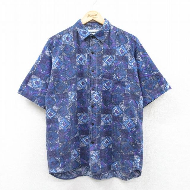 90s 半袖シャツ 総柄 ネイビー L | 古着
