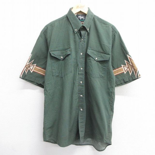 L★古着 半袖 シャツ メンズ 90年代 90s ネイティブ柄 ラグ柄 ロング丈 ボタンダウン USA製 緑他 グリーン 25apr30 中古 トップス