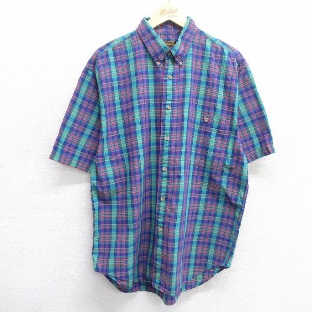 L★古着 エディーバウアー 半袖 シャツ メンズ 90年代 90s コットン ボタンダウン 緑他 グリーン チェック 25apr30 中古 トップス