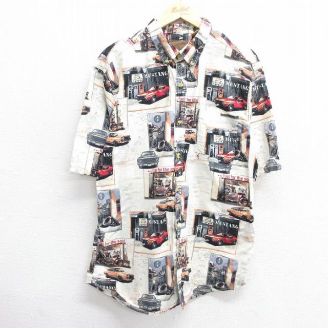 M★古着 半袖 シャツ メンズ 車 クラシックカー 総柄 ロング丈 コットン ボタンダウン 生成り他 25apr30 中古 トップス
