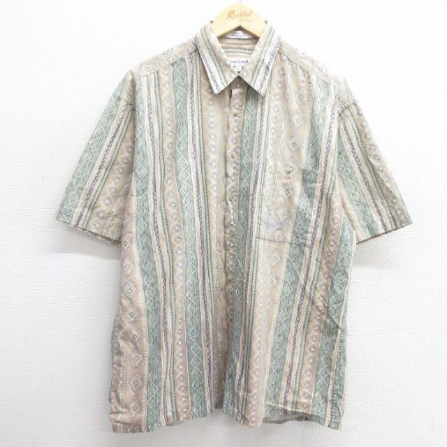 XL★古着 ピエールカルダン pierre cardin 半袖 シャツ メンズ 90年代 90s 総柄 コットン ベージュ他 カーキ 25apr30 中古 トップス