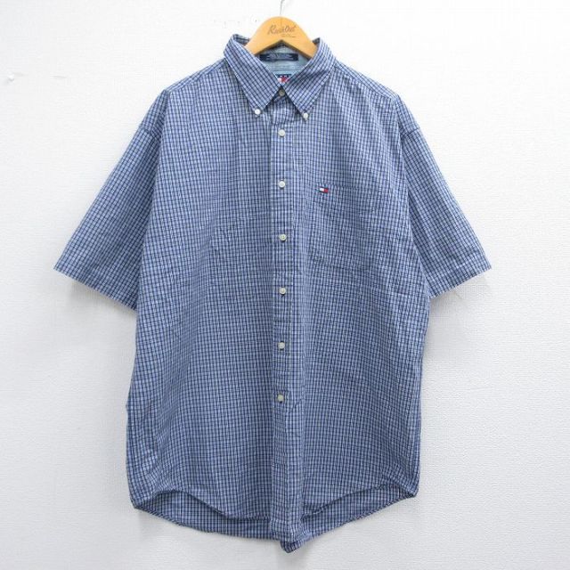 XL★古着 トミーヒルフィガー TOMMY HILFIGER 半袖 ブランド シャツ メンズ 90年代 90s ワンポイントロゴ ロング丈 コットン ボタンダウン 紺他 ネイビー チェック 25apr30 中古 トップス