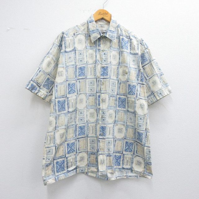 XL★古着 ピエールカルダン pierre cardin 半袖 シャツ メンズ 90年代 90s 総柄 コットン 薄紺他 ネイビー 25apr30 中古 トップス
