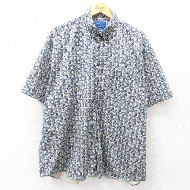 XL★古着 タウンクラフト 半袖 シャツ メンズ 総柄 大きいサイズ コットン ボタンダウン 紺他 ネイビー 25may01 中古 トップス