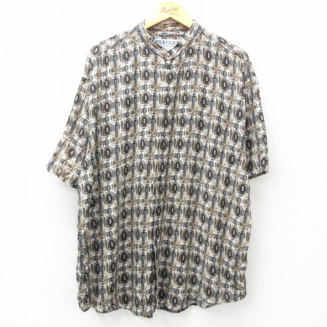 XL★古着 半袖 シャツ メンズ 総柄 ロング丈 レーヨン ノーカラー 黒他 ブラック 25may01 中古 トップス