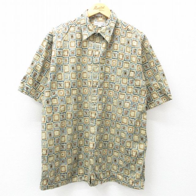 XL★古着 ピエールカルダン pierre cardin 半袖 ブランド シャツ メンズ 90年代 90s 総柄 コットン ベージュ系他 カーキ 25may01 中古 トップス