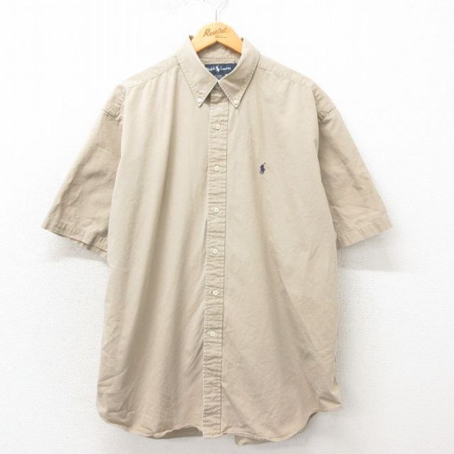 XL★古着 ラルフローレン Ralph Lauren 半袖 ブランド シャツ メンズ 90年代 90s ワンポイントロゴ BLAIRE 大きいサイズ コットン ボタンダウン ベージュ カーキ 25may02 中古 トップス