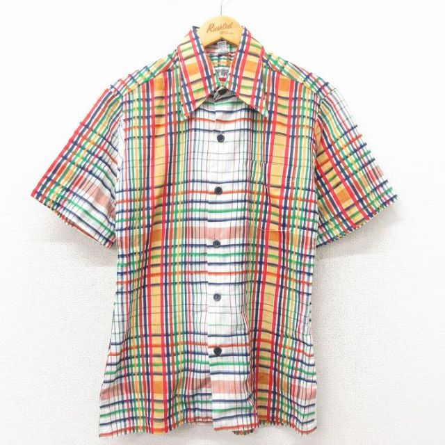S★古着 半袖 シャツ メンズ 70年代 70s ベージュ他 カーキ チェック 25may02 中古 トップス
