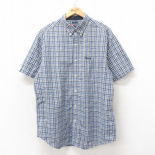 XL★古着 ラルフローレン Ralph Lauren チャップス 半袖 ブランド シャツ メンズ 90年代 90s ロング丈 ボタンダウン 紺 ネイビー チェック 25may02 中古 トップス