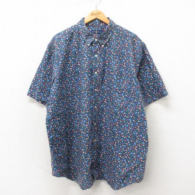 XL★古着 ラルフローレン Ralph Lauren 半袖 ブランド シャツ メンズ 花 大きいサイズ ロング丈 ボタンダウン 紺 ネイビー 25may02 中古 トップス