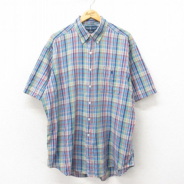 XL★古着 ラルフローレン Ralph Lauren 半袖 ブランド シャツ メンズ 90年代 90s ワンポイントロゴ BLAKE 大きいサイズ ロング丈 コットン ボタンダウン 紺 ネイビー チェック 25may02 中古 トップス
