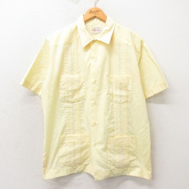 XL★古着 半袖 キューバ シャツ メンズ 80年代 80s 刺繍 黄 イエロー 25may02 中古 トップス