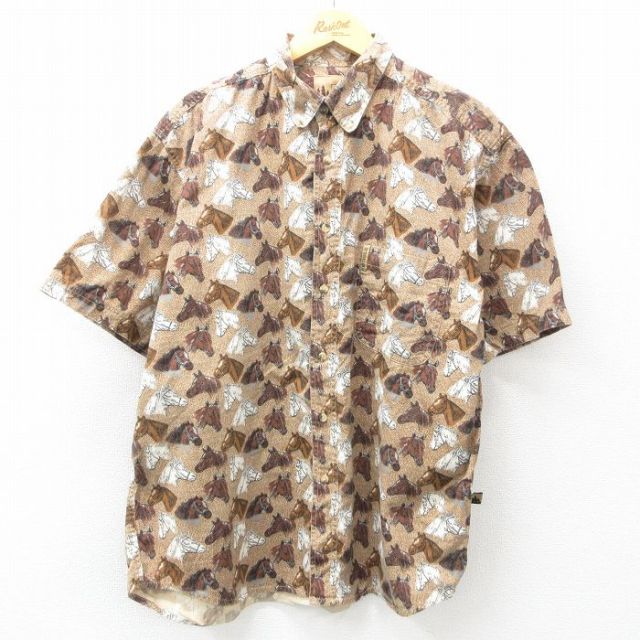 XL★古着 半袖 シャツ メンズ 馬 総柄 茶他 ブラウン 25may07 中古 トップス