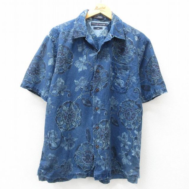 L★古着 トミーヒルフィガー TOMMY HILFIGER 半袖 ブランド シャツ メンズ 花柄 リネン 開襟 オープンカラー 紺他 ネイビー 【spe】 25may07 中古 トップス