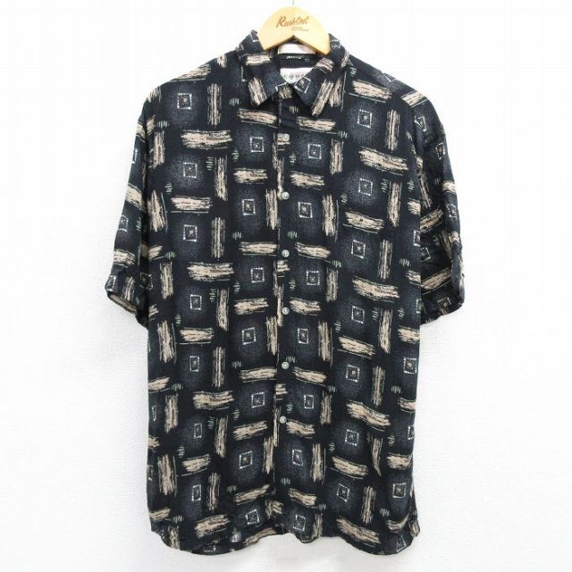 M★古着 半袖 シャツ メンズ 00年代 00s レーヨン 黒 ブラック 25may08 中古 トップス