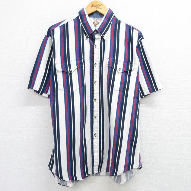 XL★古着 半袖 ウエスタン シャツ メンズ 90年代 90s コットン ボタンダウン USA製 白他 ホワイト ストライプ 【spe】 25may08 中古 トップス