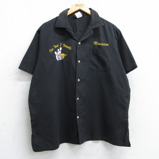 XL★古着 ヒルトン 半袖 ボウリング シャツ メンズ 開襟 オープンカラー 黒 ブラック 25may08 中古 トップス