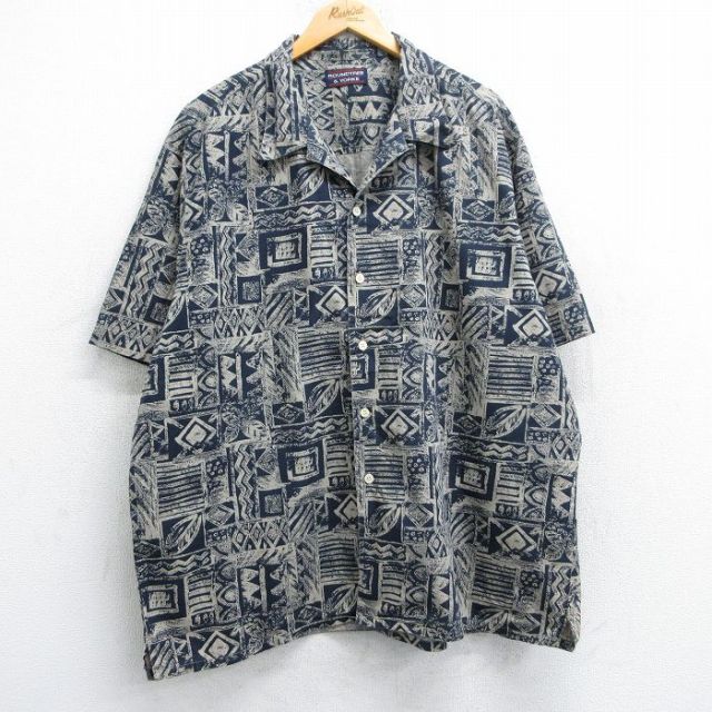 XL★古着 半袖 シャツ メンズ 00年代 00s 葉 総柄 大きいサイズ ロング丈 コットン 開襟 オープンカラー ベージュ他 カーキ 25may08 中古 トップス