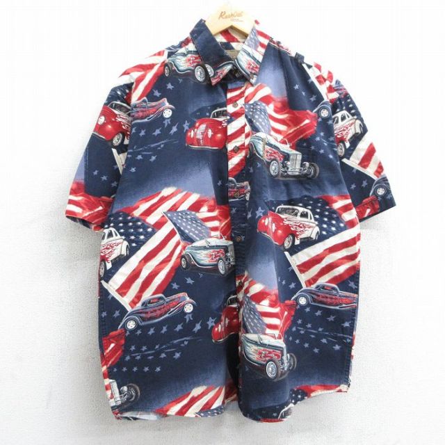 【50%OFF】XL★古着 半袖 シャツ メンズ 車 星条旗 総柄 コットン ボタンダウン 紺他 ネイビー 25may08 中古 トップス
