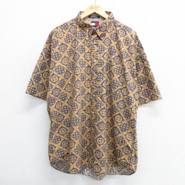 XL★古着 トミーヒルフィガー TOMMY HILFIGER 半袖 ブランド シャツ メンズ 90年代 90s ワンポイントロゴ 総柄 大きいサイズ ロング丈 コットン ボタンダウン 紺他 ネイビー 【spe】 25may08 中古 トップス