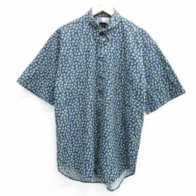 L★古着 半袖 シャツ メンズ 90年代 90s ペイズリー柄 総柄 コットン ボタンダウン USA製 紺他 ネイビー 25may08 中古 トップス