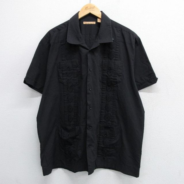 XL★古着 半袖 キューバ シャツ メンズ 大きいサイズ 開襟 オープンカラー 黒 ブラック 25may08 中古 トップス