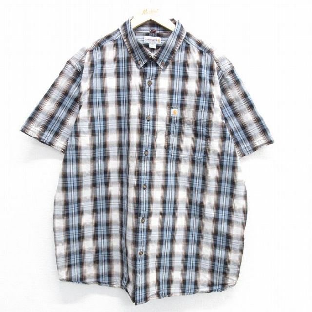 XL★古着 カーハート Carhartt 半袖 シャツ メンズ 大きいサイズ ロング丈 コットン ボタンダウン 薄紺他 ネイビー チェック 25may08 中古 トップス
