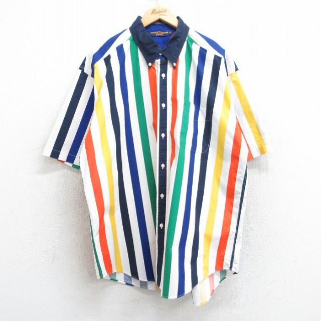 XL★古着 トミーヒルフィガー TOMMY HILFIGER 半袖 ブランド シャツ メンズ 90年代 90s ゴルフ 大きいサイズ ロング丈 コットン ボタンダウン 白他 ホワイト ストライプ 【spe】 25may09 中古 トップス