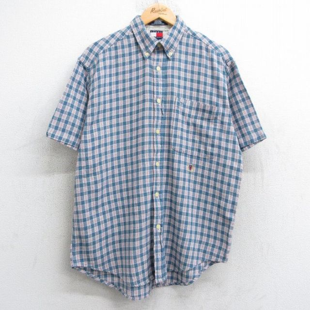 L★古着 トミーヒルフィガー TOMMY HILFIGER 半袖 ブランド シャツ メンズ 90年代 90s ワンポイントロゴ コットン ボタンダウン 紺系他 ネイビー チェック 25may09 中古 トップス