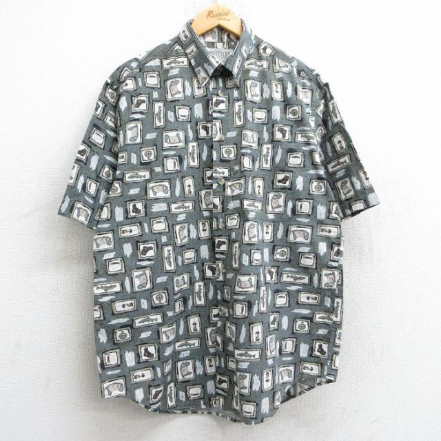 L★古着 半袖 シャツ メンズ 魚 ブーツ ランプ コットン ボタンダウン 緑系他 グリーン 25may09 中古 トップス