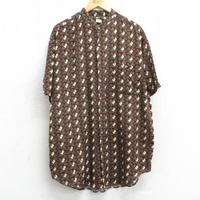 XL★古着 半袖 シャツ メンズ 00年代 00s 総柄 ロング丈 レーヨン ノーカラー 茶他 ブラウン 25may09 中古 トップス