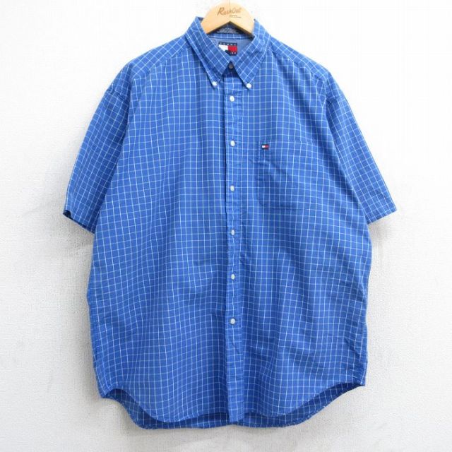 【50%OFF】XL★古着 トミーヒルフィガー TOMMY HILFIGER 半袖 ブランド シャツ メンズ 90年代 90s ワンポイントロゴ コットン ボタンダウン 青他 ブルー チェック 25may09 中古 トップス