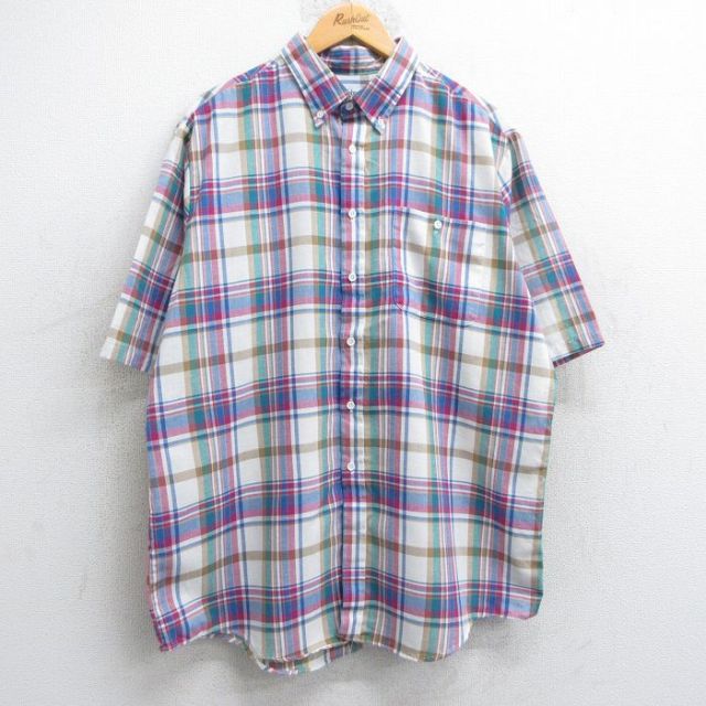 XL★古着 半袖 シャツ メンズ 90年代 90s 大きいサイズ ボタンダウン 白他 ホワイト チェック 25may09 中古 トップス