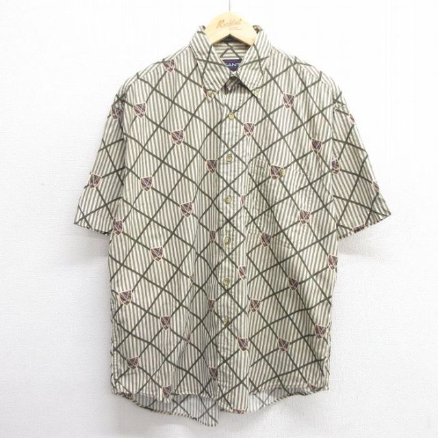 XL★古着 半袖 シャツ メンズ 90年代 90s ゴルフ コットン ボタンダウン 濃緑他 グリーン ストライプ 25may09 中古 トップス