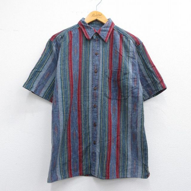 M★古着 半袖 シャツ メンズ 90年代 90s ネイティブ柄 ラグ柄 コットン 紺他 ネイビー ストライプ 25may09 中古 トップス