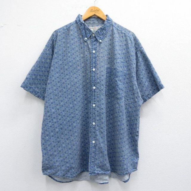 XL★古着 FADED GLORY 半袖 シャツ メンズ 総柄 大きいサイズ ロング丈 ボタンダウン 紺他 ネイビー 25may09 中古 トップス