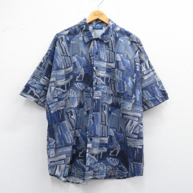 XL★古着 タウンクラフト 半袖 シャツ メンズ 90年代 90s 総柄 大きいサイズ レーヨン USA製 紺他 ネイビー 25may09 中古 トップス