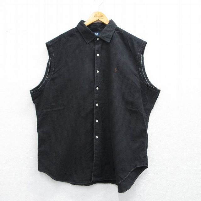 XL★古着 ラルフローレン Ralph Lauren ノースリーブ ブランド シャツ メンズ 90年代 90s ワンポイントロゴ 大きいサイズ ロング丈 コットン 黒系 ブラック チェック 25may09 中古 トップス
