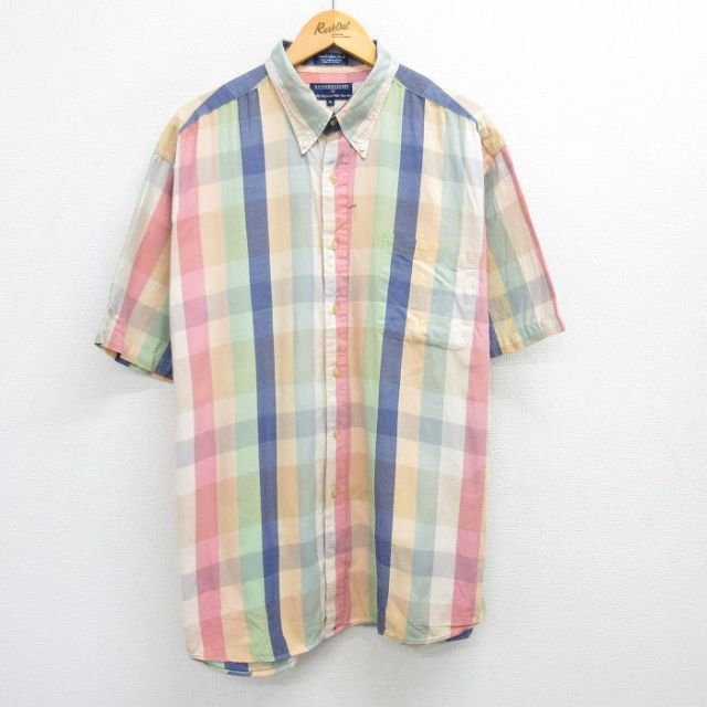 XL★古着 半袖 シャツ メンズ 00年代 00s 大きいサイズ コットン ボタンダウン 黄色他 イエロー チェック 25may09 中古 トップス