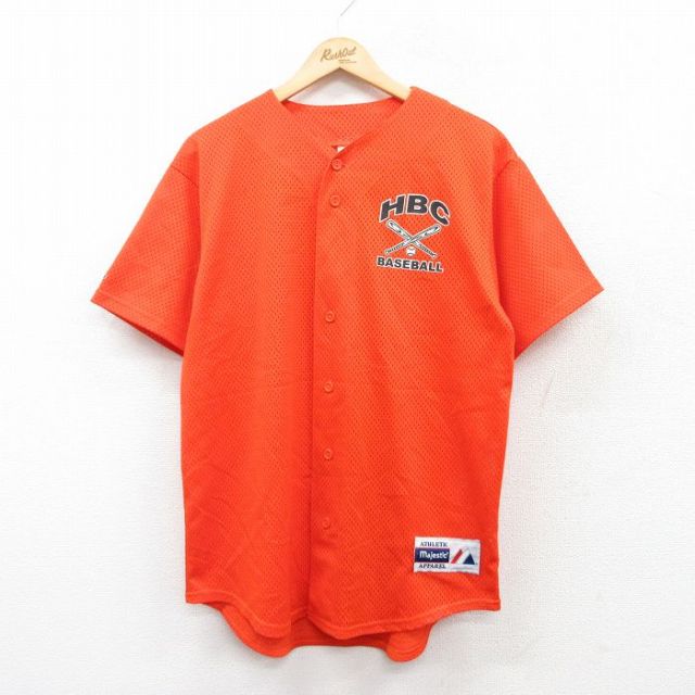 L★古着 マジェスティック 半袖 ベースボール シャツ メンズ 90年代 90s HBC 7 メッシュ地 USA製 オレンジ 25may10 中古 トップス