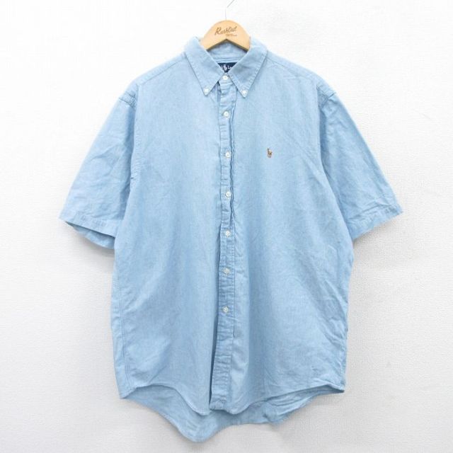XL★古着 ラルフローレン Ralph Lauren 半袖 ブランド シャツ メンズ 90年代 90s ワンポイントロゴ オックスフォード 大きいサイズ コットン ボタンダウン 薄紺 ネイビー 【spe】 25may10 中古 トップス