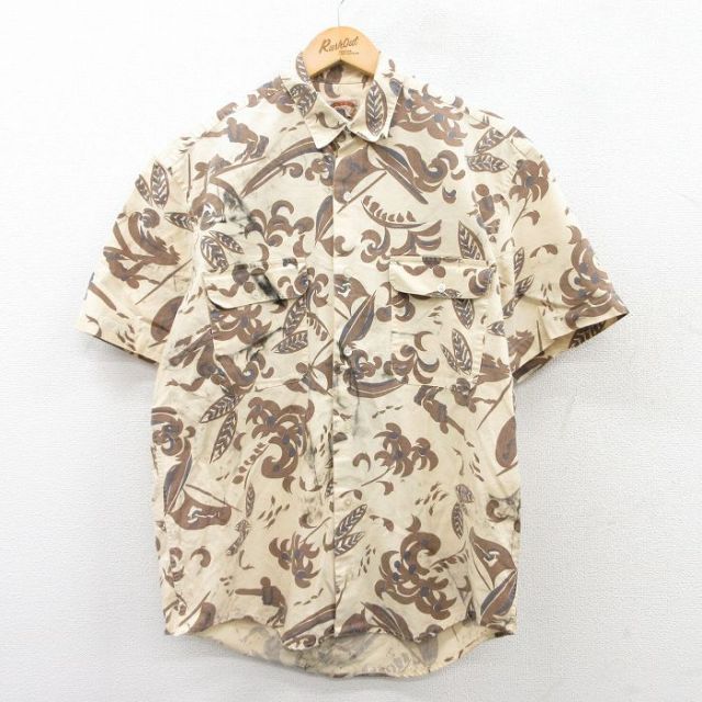 L★古着 バナナリパブリック BANANA REPUBLIC 半袖 ブランド シャツ メンズ 80年代 80s 葉 総柄 コットン ベージュ他 カーキ 【spe】 25may10 中古 トップス