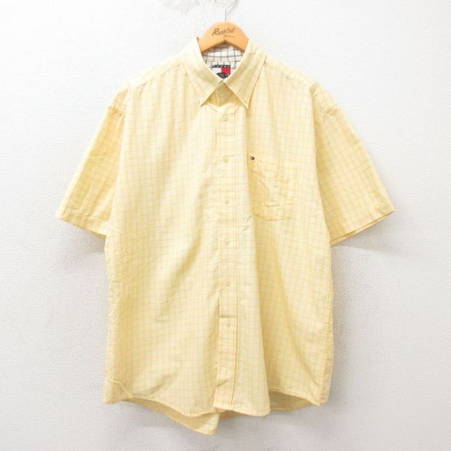 XL★古着 トミーヒルフィガー TOMMY HILFIGER 半袖 ブランド シャツ メンズ 90年代 90s ワンポイントロゴ 大きいサイズ コットン ボタンダウン 黄他 イエロー チェック 25may12 中古 トップス